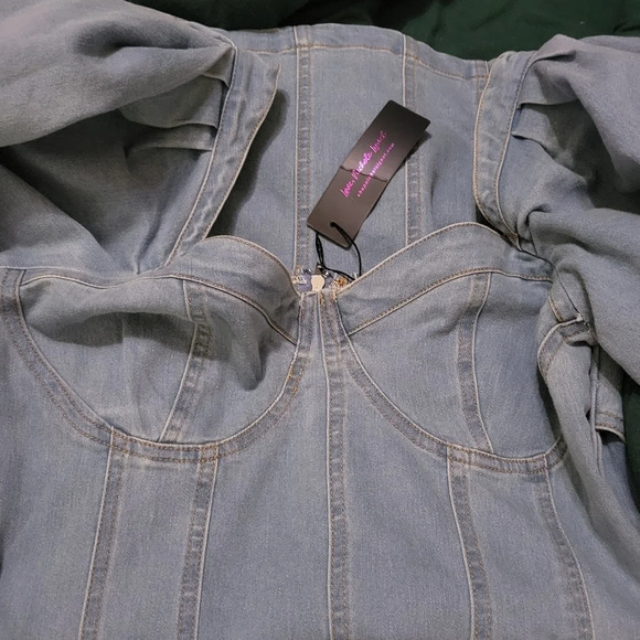 NWT Nicole Lynel Denim Puff Sleeve/Shoulder Mini Bodycon Dress, Size Medium. - Picture 5 of 7